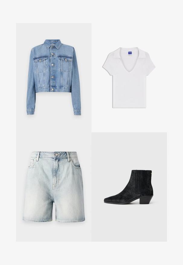 Veste en denim bleu clair coupée avec un devant à boutons, deux poches poitrine et un col. Présente une texture délavée et des détails de couture visibles.; Chemise blanche à manches courtes avec col en V et large col, en tissu texturé, avec une étiquette bleue « HUGO » à l'intérieur de l'encolure.; Shorts en denim bleu clair avec fermeture par bouton, cinq poches et une texture délavée. Coupe droite au design classique.; Bottine noire à bout pointu, en matériau texturé imitant les cheveux, avec un panneau latéral à nervures et un petit talon carré. Un design simple et moderne.