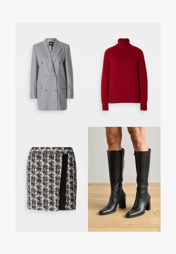 Grau doppelt knüpfiger Blazer aus strukturiertem Stoff, mit Reverskragen, zwei vorderen Taschen und drei grauen Knöpfen. Das Innenfutter ist hellgrau.; Roter Rollkragenpullover mit gerippten Bündchen und Saum, aus einem weichen Strickmaterial hergestellt, mit einem lässigen Schnitt und deutlichen Nahtlinien.; Schwarz-weißer Hahnentrittmuster-Rock mit elastischem Bund, der ein schwarzes Stoffpanel an der Seite hat. Kurze Länge, strukturierten Stoff.; Schwarze Leder-Stiefel bis zum Knie mit quadrater Zehenform, hohem Blockabsatz und seitlichem Reißverschluss, vor einem Hintergrund aus Holzboden.