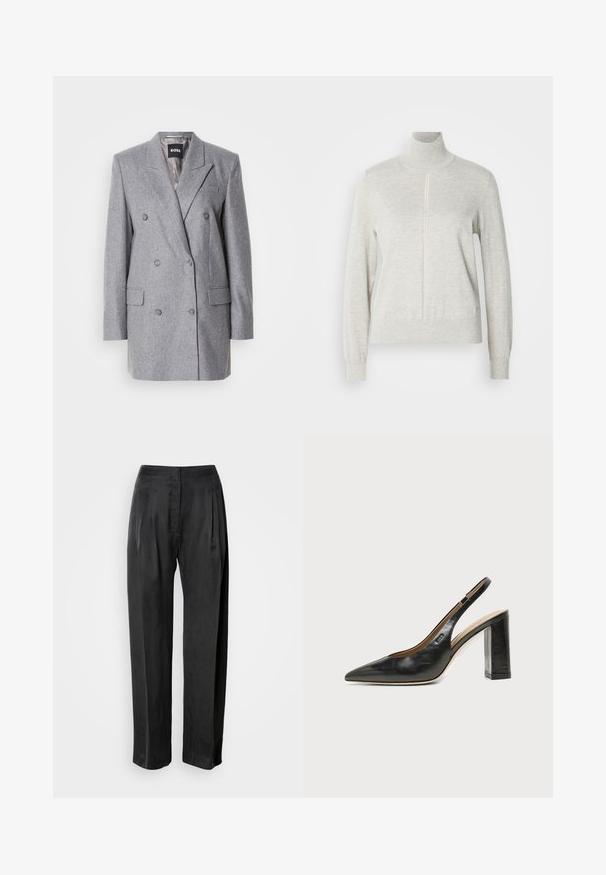 Blazer gris à double boutonnage en tissu texturé, avec des revers crantés, deux poches avant et trois boutons gris. Doublure intérieure de couleur gris clair.; Pull léger gris avec un col haut et une fermeture éclair quart. Fabriqué à partir d'un matériau doux et texturé, il présente des manches longues et un ourlet ajusté.; Pantalon noir à jambes larges en tissu lisse, avec plis sur le devant, braguette zippée et ceinture classique.; Chaussure slingback en cuir noir à bout pointu avec un talon bloc haut et une doublure intérieure beige sur un fond clair uni.