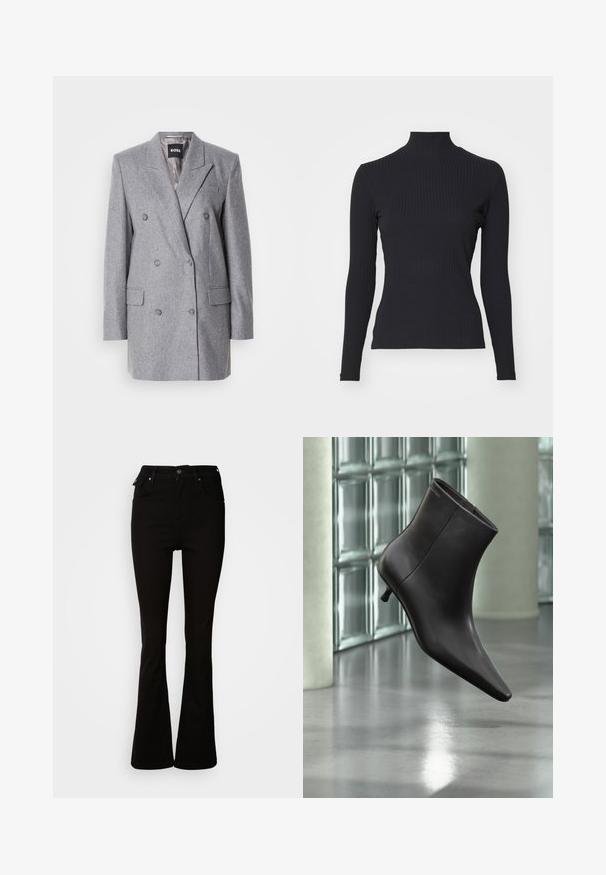 Blazer gris à double boutonnage en tissu texturé, avec des revers crantés, deux poches avant et trois boutons gris. Doublure intérieure de couleur gris clair.; Haut noir à col roulé côtelé avec des manches longues. Fabriqué en tissu extensible avec une coupe ajustée et un col montant. Design simple sans embellissements.; Jean noir évasé en denim, avec une taille haute, des poches avant, et un design classique à cinq poches avec des accents en métal.; Bottine en cuir noir avec bout pointu et petit talon, présentée devant un mur en blocs de verre et un sol poli.