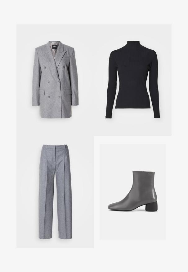Grau doppelt knüpfiger Blazer aus strukturiertem Stoff, mit Reverskragen, zwei vorderen Taschen und drei grauen Knöpfen. Das Innenfutter ist hellgrau.; Schwarzes, geripptes Rollkragenoberteil mit langen Ärmeln. Aus dehnbarem Stoff mit figurbetonter Passform und hohem Kragen. Einfaches Design ohne Verzierungen.; Helle graue weit geschnittene Hosen aus strukturiertem Stoff, mit Falten vorne und einem taillierten Bund. Minimalistisches Design, keine sichtbaren Beschläge.; Grau Leder Stiefelette mit einem eleganten Design, spitzem Zehenbereich und einem kurzen Blockabsatz. Glatte Textur mit minimaler Markenkennzeichnung an der Seite.