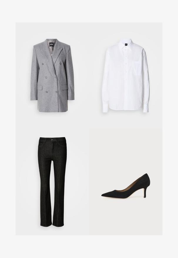 Grå dobbeltbrystet blazer med en tekstureret stof, skrå lapels, to frontlommer og tre grå knapper. Indvendig foring er lys grå.; Hvid skjorte med knapper lavet af bomuld, med klassisk krave, lange ærmer, en brystlomme og en glat, sprød tekstur.; Sorte denim jeans med lige snit, med knaplukning, fem lommer og subtile syninger. Glat tekstur og klassisk design.; Sort ruskind spids tå højhælet pumpe med en slank mellemhøj stilethæl og et lavt snit på en ensfarvet baggrund.