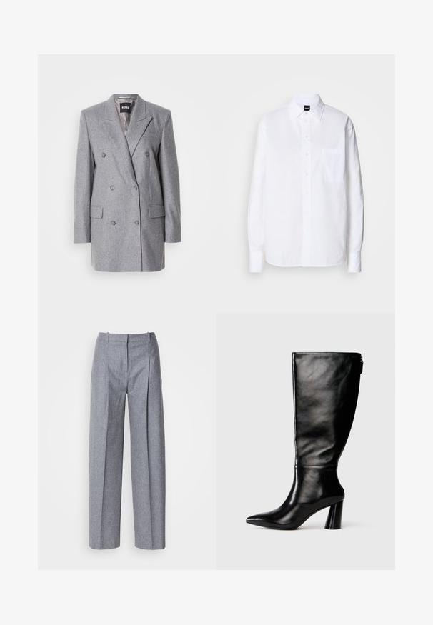 Grå dobbeltbrystet blazer med en tekstureret stof, skrå lapels, to frontlommer og tre grå knapper. Indvendig foring er lys grå.; Hvid skjorte med knapper lavet af bomuld, med klassisk krave, lange ærmer, en brystlomme og en glat, sprød tekstur.; Lys grå bredbenede bukser i et struktureret stof, med plisseringer foran og en skræddersyet talje. Minimalistisk design, ingen synlig hardware.; Knee-high sorte læderstøvle med spids tå, glat tekstur og en kraftig hæl. Har en lynlåsdetaile bagpå.