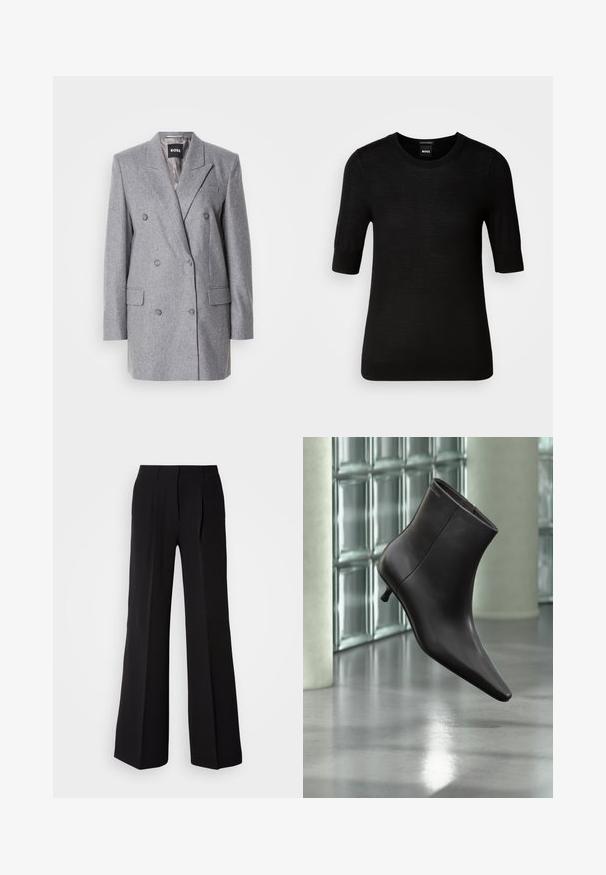 Grå dobbeltbrystet blazer med en tekstureret stof, skrå lapels, to frontlommer og tre grå knapper. Indvendig foring er lys grå.; Sort T-shirt med korte ærmer lavet af fin merinould. Rund halsudskæring, slim fit, glat tekstur, minimalt design, ingen synlige mønstre eller accenter.; Sorte bukser lavet af glat stof, med høj talje, bred ben silhuet og to frontfolder for ekstra design detaljer.; Sort læderankelstøvle med spids tå og lille hæl vist mod en væg af glasblokke og poleret gulv baggrund.