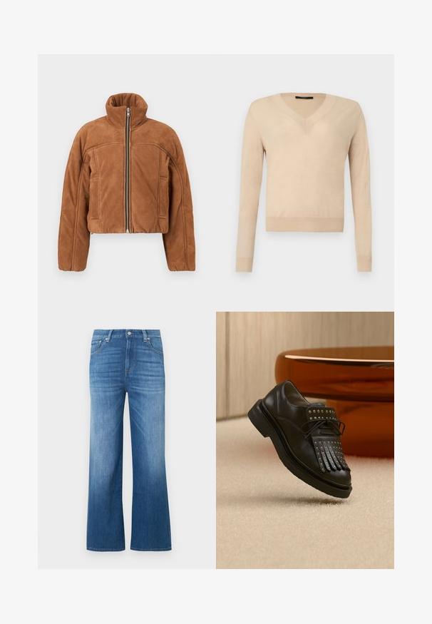 Veste courte en suédine marron avec col montant, fermeture éclair frontale et poches latérales. Présente un design minimaliste avec des détails de couture subtils.; Pull beige à manches longues avec encolure en V, poignets et ourlet côtelés, tissu tricoté uni, présenté sur un fond blanc.; Jean large en denim bleu clair. Caractéristiques : taille haute, fermeture par bouton et surpiqûres contrastantes. Texture lisse avec légère décoloration.; Chaussure en cuir noire à lacets avec franges décoratives et clous métalliques posée sur un tapis beige près d'un meuble marron.