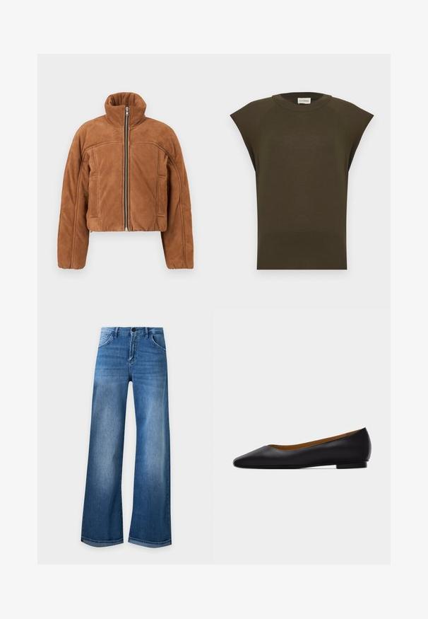 Veste courte en suédine marron avec col montant, fermeture éclair frontale et poches latérales. Présente un design minimaliste avec des détails de couture subtils.; Haut sans manches en maille vert olive foncé avec col rond et ourlet côtelé, présenté à plat sur un fond clair.; Jean bleu à jambes larges avec poches avant et fermeture par boutons, présenté sur un fond clair uni.; Chaussure plate en cuir noir à bout pointu avec talon bas et finition lisse, vue de côté sur un fond gris clair.