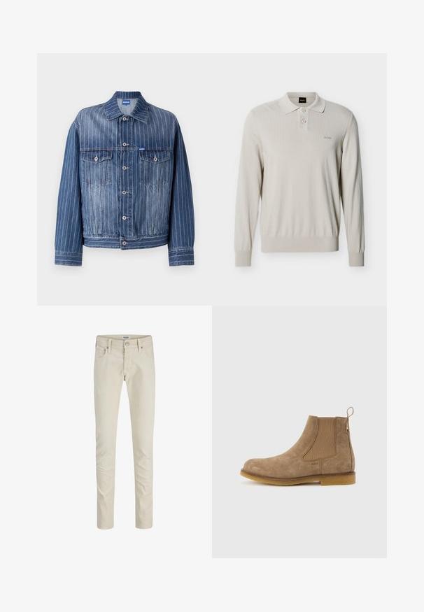 Blauwe spijkerjas met verticale witte streepjes, twee borstzakken, knoopsluiting en een klassieke kraag. HUGO-logo op het label.; Lichtbeige lange mouwen polo trui met twee knopen en geribbelde manchetten, voorzien van een klein "BOSS" logo op de linkerborst.; Beige slim-fit jeans met knoop- en ritssluiting aan de voorkant, riemlussen en een ontwerp met vijf zakken.; Lichtbruine suède Chelsea-laars met elastische zijpanelen, aantreklus bij de hiel en rubberen zool.