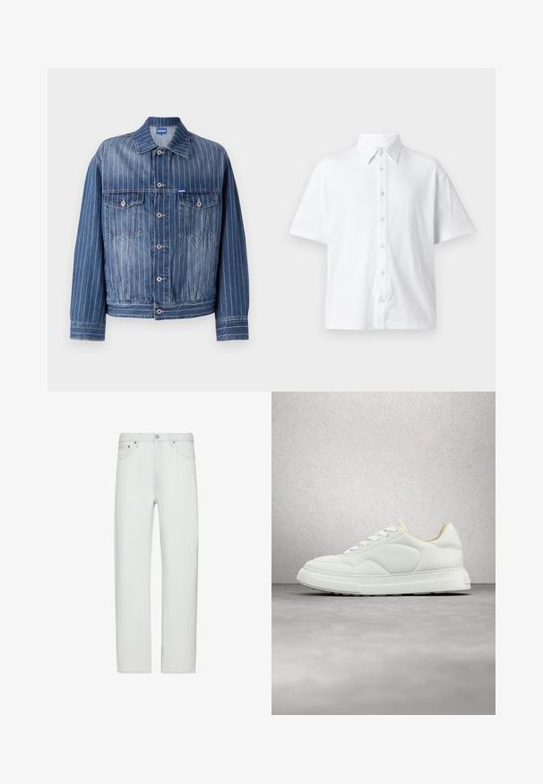 Blå denimjakke med lodrette hvide striber, to brystlommer, knaplukning og klassisk krave. HUGO-logo på mærket.; Hvid kortærmet skjorte med knapper lavet af tekstureret stof, med en klassisk krave og et linjemønster. Seks knapper langs forsiden.; Hvide jeans med høj talje og lige ben, med knap- og lynlåslukning foran, bæltestropper og forlommer.; Hvid lædersneaker med snørebånd, hævet over poleret gråt gulv, med glasblokvæg og cylindrisk søjle i baggrunden.