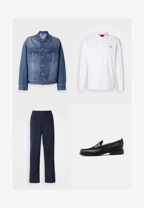 Veste en denim bleu avec des rayures blanches verticales, deux poches poitrine, fermetures à boutons et un col classique. Logo HUGO sur l'étiquette.; Polo-shirt blanc à manches longues en coton avec un col, une patte de boutonnage à trois boutons et un logo noir "HUGO" sur la poitrine gauche.; Pantalon bleu marine en mélange de coton. Présente une coupe droite, une fermeture à bouton sur le devant et de légères plis. Texture douce.; Mocassin en cuir noir avec détail de bride grise, talon bas et semelle texturée, marqué "HUGO" en or sur le côté.