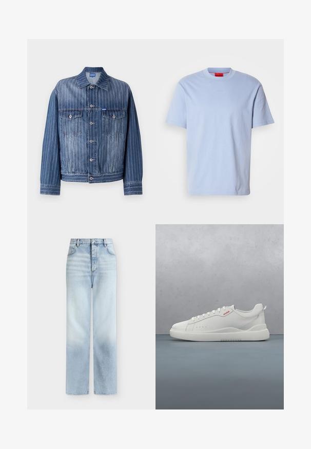 Blauwe spijkerjas met verticale witte streepjes, twee borstzakken, knoopsluiting en een klassieke kraag. HUGO-logo op het label.; Lichtblauw katoenen T-shirt met een ronde hals, korte mouwen en een HUGO-logo dat op de voorkant is gegraveerd. Gladde textuur en een losse pasvorm.; Lichtblauwe, hoog getailleerde, rechte jeans met voorzakken, riemlussen en een knoopsluiting.; Witte sneaker met een gladde leren afwerking, ronde neus, vier veterogen, subtiele perforaties en een rood logo detail aan de zijkant.