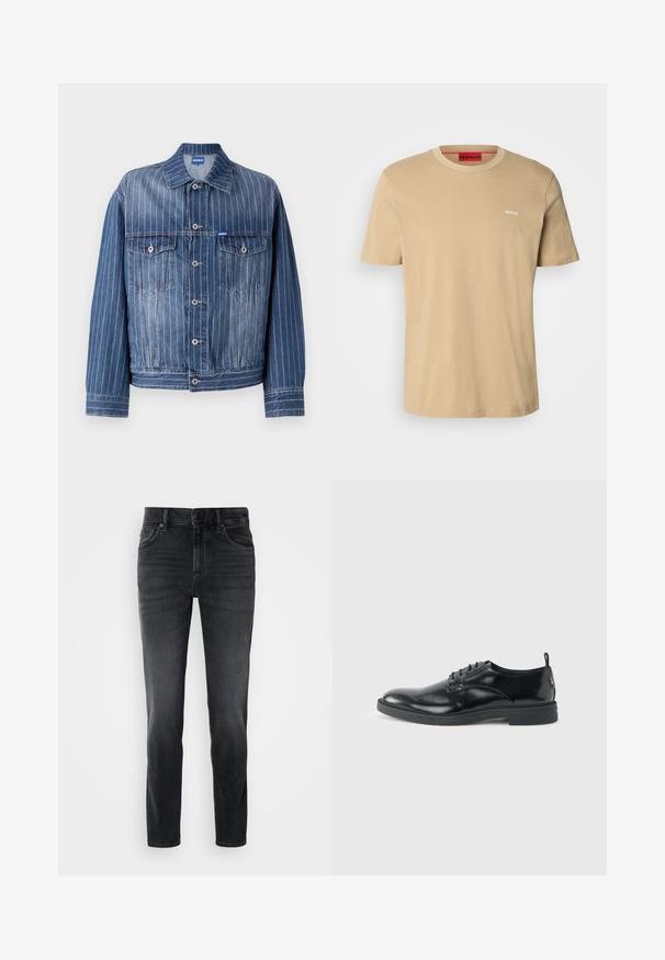 Blauwe spijkerjas met verticale witte streepjes, twee borstzakken, knoopsluiting en een klassieke kraag. HUGO-logo op het label.; Beige katoenen t-shirt met een ronde hals, korte mouwen en een klein wit "HUGO" logo op de borst. Een gladde textuur zonder patronen.; Zwarte denim jeans met een slim fit, voorzien van een middelhoge taille, klassiek vijf-pocket ontwerp en subtiele vervaging op de benen.; Glanzende zwarte lederen nette schoen met lage hak, vetersluiting en ronde neus, van opzij getoond tegen een effen lichte achtergrond.