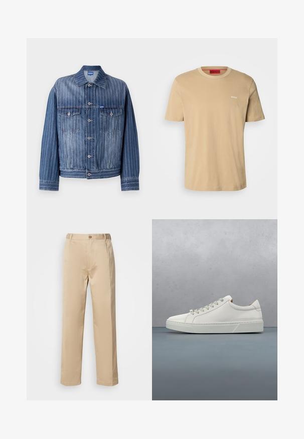 Veste en denim bleu avec des rayures blanches verticales, deux poches poitrine, fermetures à boutons et un col classique. Logo HUGO sur l'étiquette.; T-shirt en coton beige avec un col rond, des manches courtes et un petit logo blanc "HUGO" sur la poitrine. Texture lisse sans motifs.; Pantalons beiges en tissu léger, avec une coupe droite, une taille avec passants de ceinture et une fermeture à bouton sur le devant.; Baskets en cuir blanc avec un bout arrondi, design minimaliste, lacets gris et semelle en caoutchouc gris texturé. Détails de couture subtils visibles.