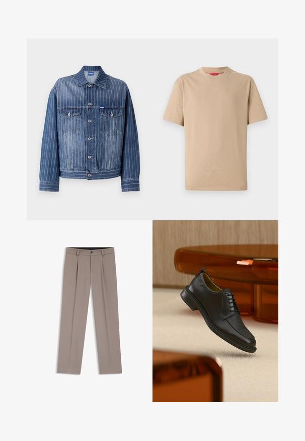 Blå denimjakke med lodrette hvide striber, to brystlommer, knaplukning og klassisk krave. HUGO-logo på mærket.; Beige bomulds T-shirt med korte ærmer, rund halsudskæring og subtilt "HUGO" logo i midten. Glat overflade, afslappet pasform.; Lysebrune herrebukser med bæltestropper, plisseringer, knaplukning foran og lynlås, lagt fladt på en hvid baggrund.; Sort lædersko med snørebånd og tekstureret front, svævende over beige tæppe i et moderne rum med møbler i ravfarvet toning.