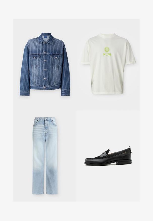 Blauwe spijkerjas met verticale witte streepjes, twee borstzakken, knoopsluiting en een klassieke kraag. HUGO-logo op het label.; Witte katoenen t-shirt met een groene smiley graphic en de tekst "ON TOUR" en "HGO" in gestileerde letters, relaxte pasvorm, korte mouwen.; Lichtblauwe, hoog getailleerde, rechte jeans met voorzakken, riemlussen en een knoopsluiting.; Zwarte leren loafer met grijs riemdetailelement, lage hak en gestructureerde zool, aan de zijkant gebrandmerkt met "HUGO" in goud.