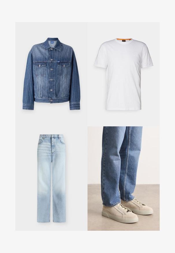 Blå denimjakke med lodrette hvide striber, to brystlommer, knaplukning og klassisk krave. HUGO-logo på mærket.; Hvid bomulds T-shirt med rund hals, korte ærmer og et subtilt præget logo på brystet. Indvendigt mærke har en orange detalje.; Lyseblå, højtaljede jeans med rette ben, forlommer, bæltestropper og knaplukning.; BOSS GARYTENN_SDHDEL - Sneakers - natural ten