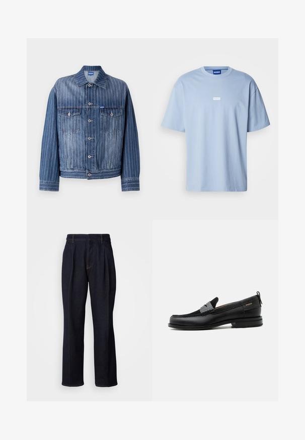 Chaqueta de mezclilla azul con rayas blancas verticales, dos bolsillos en el pecho, cierre de botones y un cuello clásico. Logotipo HUGO en la etiqueta.; Camiseta de manga corta azul claro hecha de algodón, con cuello redondo y un logo rectangular blanco en el centro del frente.; Jeans de mezclilla de pierna ancha en un tono azul oscuro, con pliegues frontales y costuras naranjas, presentados sobre fondo blanco.; Mocasín de cuero negro con detalle de tira gris, tacón bajo y suela texturizada, con la marca "HUGO" en oro en el lateral.
