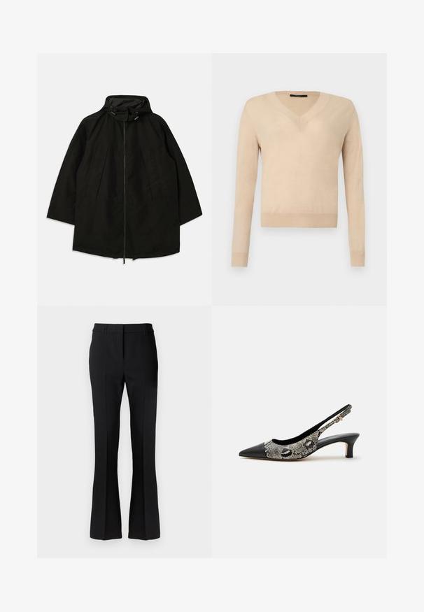 Chaqueta ligera negra con cierre de cremallera, capucha con cordones y un ajuste amplio y suelto. Cuenta con detalle en la parte delantera con pliegues y una textura suave.; Suéter beige de manga larga con cuello en V, puños y dobladillo acanalados, tejido liso, presentado sobre un fondo blanco.; Pantalones de campana negros hechos de una tela suave, con una cintura entallada y pliegue frontal, diseñados para una silueta ajustada.; Zapato slingback negro puntiagudo con tacón bajo tipo ‘kitten’ y parte superior con estampado de serpiente que lleva una pequeña hebilla dorada en la correa.
