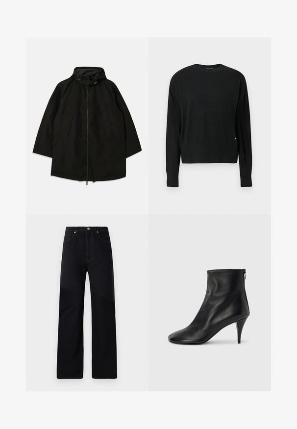 Chaqueta ligera negra con cierre de cremallera, capucha con cordones y un ajuste amplio y suelto. Cuenta con detalle en la parte delantera con pliegues y una textura suave.; Suéter negro de punto con mangas largas, cuello redondo, bajo y puños de canalé, con un detalle sutil de marca en dorado en el lateral inferior.; Pantalones de mezclilla negra con un ajuste de pierna recta, que presentan una cintura alta, cinco bolsillos, herrajes dorados y detalles de costura sutiles.; Botines de cuero negro con una textura suave, punta puntiaguda y un tacón de aguja delgado. Cuentan con una cremallera lateral para facilitar su uso.