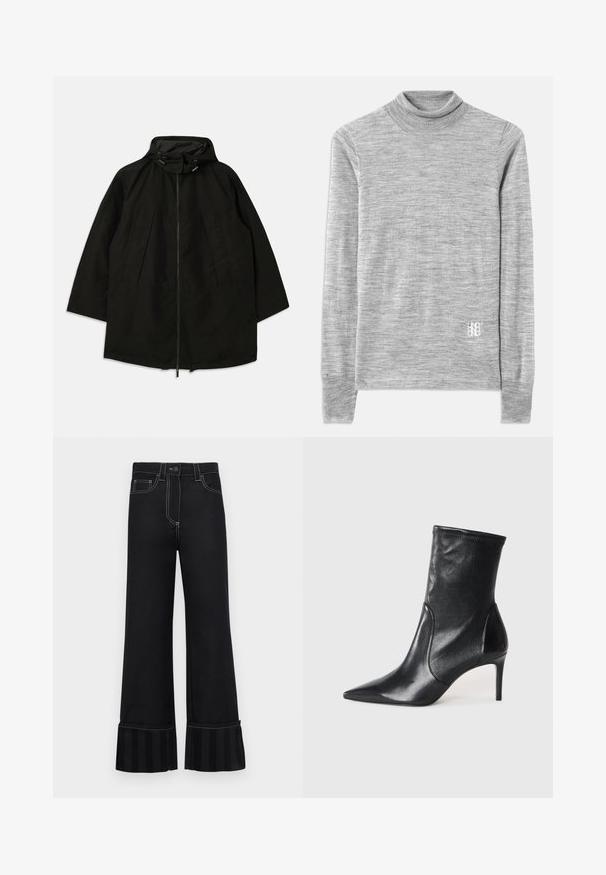 Must must jacket, mille pehmendava lahtine, kapuutsiga ja nööridega. Omab volditud esiosa ja sujuvat tekstuuri.; Hall mõõdu värvi kõrge kaelusega sviiter, mis on valmistatud pehmest ja tekstuurilisest kangast. Omab pikki varrukaid ja väikest valget logo ääres.; Mustad flared teksapüksid kontrastsete valgete õmblustega ja triibulisest kangast aktsendiga alläärs. Omab eespoolTaskuid.; Mustad mustajalatsid, mis on valmistatud siledast nahast, omavad teravat nina, kitsast varre ja peenikest kõrget kontsa. Minimalistlik disain, ilma nähtava riistvaraeta.