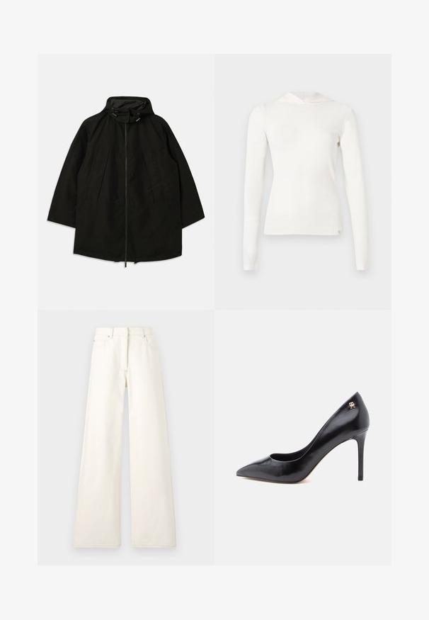 Veste noire légère avec fermeture éclair, capuche à cordons de serrage et coupe large et décontractée. Présente des détails plissés sur le devant et une texture lisse.; Haut blanc à manches longues en maille côtelée avec capuche ajustée. Texture douce, coupe près du corps, et détails de coutures subtiles à l'ourlet et aux poignets.; Pantalons larges de couleur crème en denim avec des coutures visibles et des poches. Le design présente une taille haute et une coupe droite.; Escarpin en cuir noir à talon haut avec un bout pointu, présentant un design ajouré et un petit logo doré sur le talon.