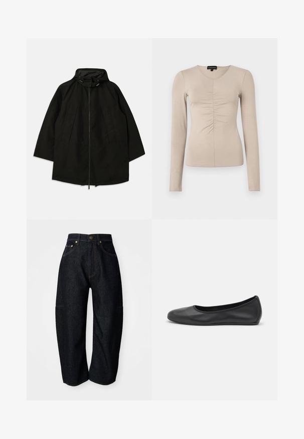 Must must jacket, mille pehmendava lahtine, kapuutsiga ja nööridega. Omab volditud esiosa ja sujuvat tekstuuri.; Pika varrukaga V-kaelusega tume beežist kangast top. Esit keskosas on kogutud detailid. Pehme ja sile tekstuur.; Tumedast denimist vaba lõikega teksad, millel on delikaatne oranž niit, eesttaskud ja lamedate servadega vöökoht, mis sulgub nupuga.; Musthave mustika tantsutossud mustast nahast, ümmarguse varbaga, siledast tekstuurist, minimaalse õmblusdetailiga ja paindliku tallakujundusega.
