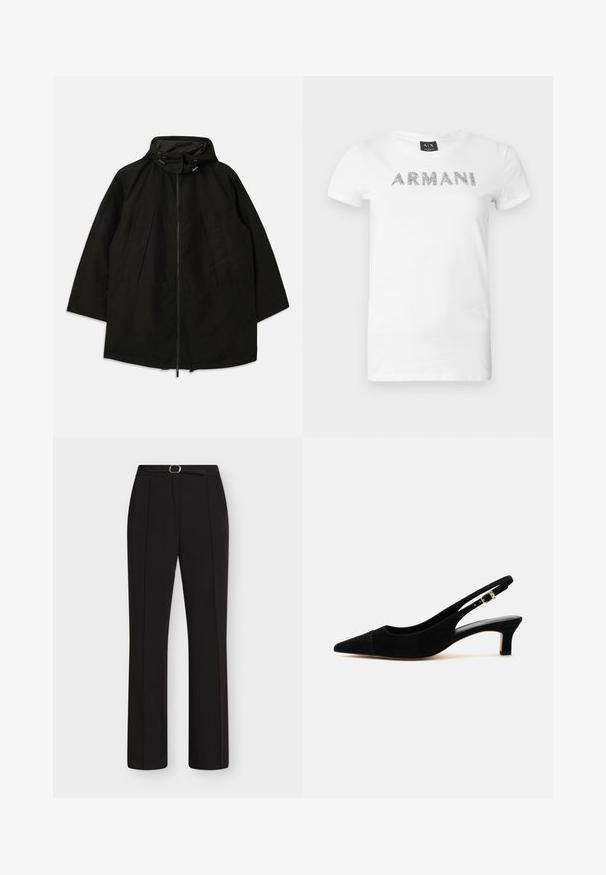 Veste noire légère avec fermeture éclair, capuche à cordons de serrage et coupe large et décontractée. Présente des détails plissés sur le devant et une texture lisse.; T-shirt en coton blanc avec l'inscription "ARMANI" en lettres argentées métalliques sur le devant. Manches courtes et col rond.; Pantalon noir à jambe droite avec des plis sur le devant et une ceinture noire assortie avec une boucle argentée, présenté sur fond blanc.; Escarpin à bride arrière en daim noir avec bout pointu, talon kitten de 5 cm et détail boucle dorée sur la bride réglable du talon.