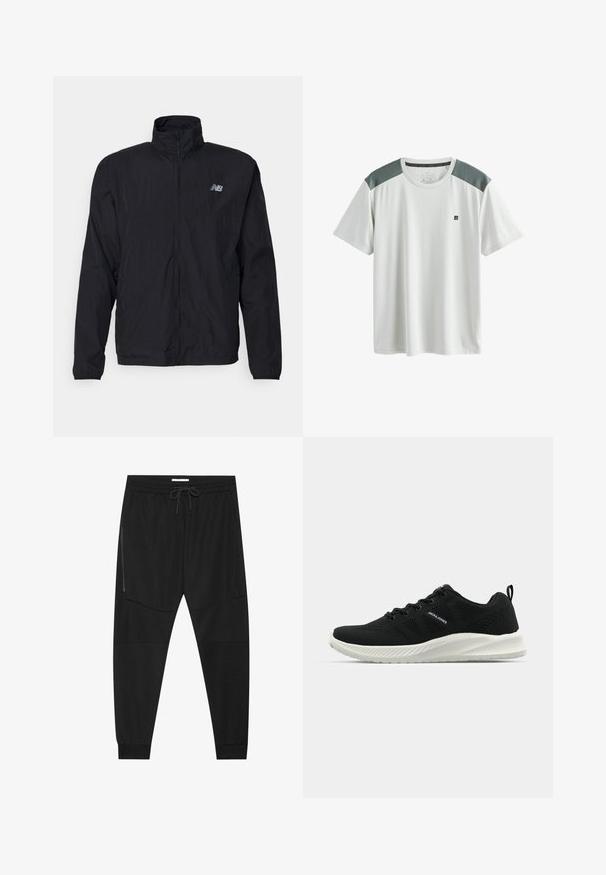 Must kevyt takki, jossa täysipitkä vetoketju edessä, korkea kaulus, pitkät hihat ja pieni New Balance -logo vasemmassa rinnassa.; Valkoinen lyhythihainen urheilupaita, jossa on harmaat verkkokankaiset olkapääpaneelit ja pieni musta logo vasemmassa rinnassa.; Mustat urheiluhousut, jotka on valmistettu teksturoidusta kankaasta. Housuissa on säädettävä vyötärö, vetoketjullinen sivutasku ja kapenevat hihnat.; Mustat urheilukengät, joissa on teksturoidusta verkosta valmistettu päällisosa, erottuva valkoinen pohja ja kaareva muotoilu. Varustettu nauhoitusjärjestelmällä ja logotiedolla.