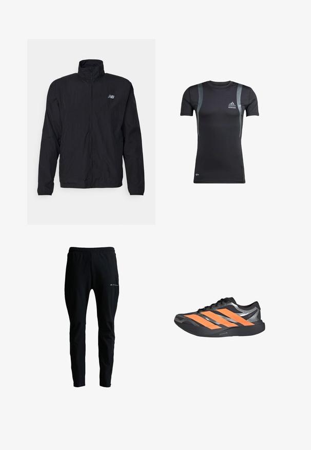 Must kevyt takki, jossa täysipitkä vetoketju edessä, korkea kaulus, pitkät hihat ja pieni New Balance -logo vasemmassa rinnassa.; Mustat lyhythihaiset urheilupaidat, joissa on harmaat yksityiskohdat, valmistettu joustavasta kankaasta. Paidassa on Adidas-logo vasemmassa rinnassa ja Techfit-brändäys.; Mustat urheiluhousut elastisella vyötäröllä, kapeilla lahkeilla ja pienellä "Monterrain"-logolla reiden yläosassa.; Musta ja harmaa juoksukenkä, jossa on kolme kirkkaan oranssia raitaa sivulla ja paksu musta pohja, jossa lukee Lightstrike Pro.
