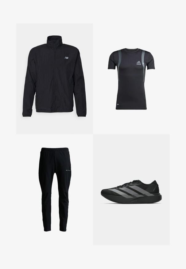 Veste noire légère avec fermeture éclair intégrale devant, col montant, manches longues et petit logo New Balance sur la poitrine gauche.; T-shirt de sport noir Adidas Techfit à manches courtes avec des bandes grises courbes à l’avant et un petit logo Climacool près de l’ourlet inférieur.; Pantalon de sport noir avec taille élastique, jambes fuselées et petit logo "Monterrain" sur la partie supérieure de la cuisse.; Chaussures de sport noires au design léger, présentant trois rayures grises marquées, une texture lisse et une semelle profilée.