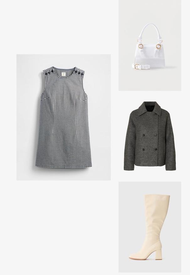 Grå uld dobbeltmaget frakke med en bred krave og fire sorte knapper, med lange ærmer og en lige kant.; Ærmeløs navy og hvid gingham kjole med rund halsudskæring og knapdetaljer på begge skuldre, lagt fladt på en hvid baggrund.; Cremefarvet knælange støvle med blokhæl og glat overflade, vist i sideprofil på en ensfarvet baggrund.; Hvid struktureret håndtaske med tophåndtag, to spænder i guldfarve på forsiden og en aftagelig justerbar skulderrem.