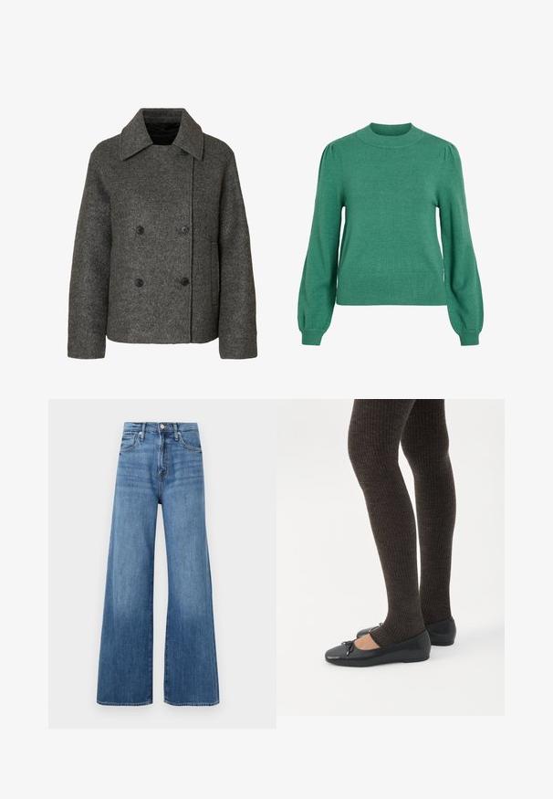 Grå uld dobbeltmaget frakke med en bred krave og fire sorte knapper, med lange ærmer og en lige kant.; Grøn strikket sweater med rund halsudskæring, lange pufærmer og ribbet kant. Glat tekstur og tætsiddende silhuet.; Blå højtaljede vidde jeans med knap- og lynlåslukning, forlommer og diskret fading på stoffet.; Ben iført mørke ribbede leggings kombineret med sorte balletsko med små sløjfedetaljer på hvid baggrund.