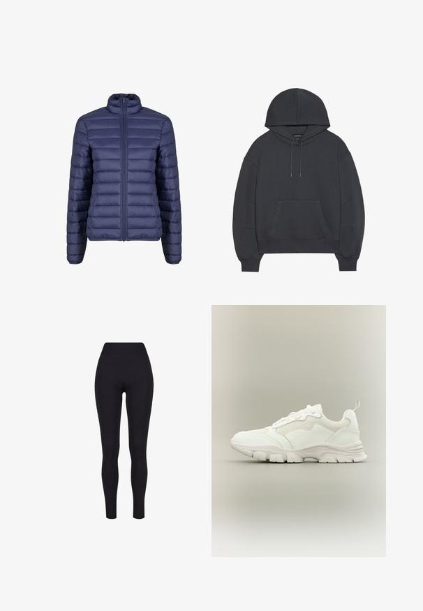 Doudoune bleu marine avec un col montant, design matelassé et fermeture éclair à l'avant. Texture lisse avec des panneaux horizontaux uniformément espacés.; Sweatshirt à capuche gris foncé avec une poche kangourou, des poignets et un ourlet côtelés. Fabriqué en textile doux avec des détails de couture visibles.; Leggings noirs taille haute, fabriqués à partir d'un tissu extensible, présentant une texture lisse et un design ajusté sans coutures ni motifs visibles.; Baskets blanches de sport avec tige en mesh et cuir, semelle épaisse et languette au talon, présentées de profil sur fond neutre.