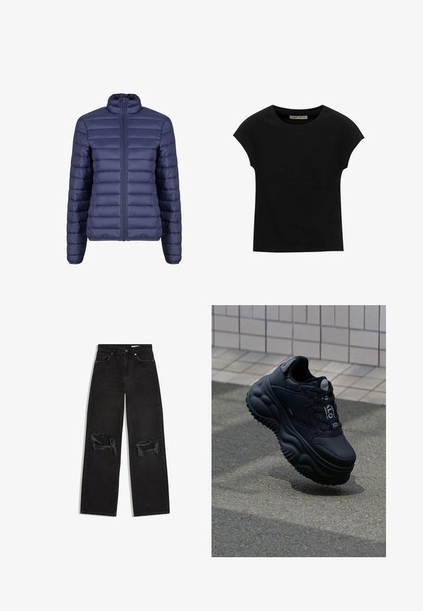 Doudoune bleu marine avec un col montant, design matelassé et fermeture éclair à l'avant. Texture lisse avec des panneaux horizontaux uniformément espacés.; T-shirt noir à manches courtes avec un col rond. Confectionné en coton lisse et extensible. Design simple sans motifs ni graphismes.; Jean droit en denim noir avec des déchirures usées aux deux genoux, poches avant et ceinture à fermeture par bouton.; Baskets noires épaisses avec une tige en cuir lisse, semelle surélevée avec des motifs en vagues, et lacets pour un ajustement sécurisé. Marque sur la languette.