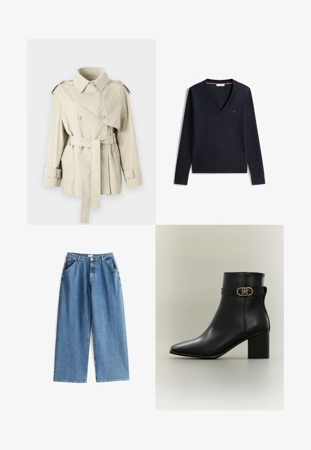 Beige trench coat med dobbeltbrystede knapper, bæltet talje og skulderepaulettes. Har en klassisk krave og manchetremme.; Sort langærmet V-hals sweater med en lille rød, hvid og blå logo på venstre bryst samt ribstrikkede ærmegab og kant.; Lysblå denim wide-leg jeans med høj talje, der har forlommer og knaplukning, tekstureret stof med subtilt slid.; Sort læderankelstøvle med blokhæl og dekorativt gyldent spænde på siden mod en lys baggrund.