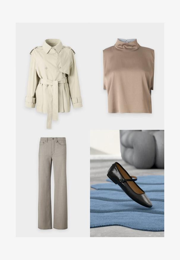 Beige trench coat med dobbeltbrystede knapper, bæltet talje og skulderepaulettes. Har en klassisk krave og manchetremme.; Besluttet top i glat, taupe stof med høj krave og korte ærmer, der har en knaplukning i ryggen og en ren kant.; Bredde benbukser i en lys grå, tekstureret stof med en glat overflade. Har en knaplukning og fem-lomme design.; Sort læder Mary Jane-sko med spænde, vist på et struktureret blåt tæppe, med en sløret grå tuftet sofa i baggrunden.