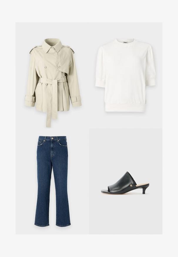 Beige trenchcoat met dubbele knopen, een ceintuur op de taille en schouderepauletten. Heeft een klassieke kraag en manchetbanden.; Witte korte mouw pullover top met een ronde halslijn, gathered mouwen en een aansluitende tailleband. Gemaakt van een zachte stof.; Diepblauwe, uitlopende denim jeans met een gedefinieerde tailleband, voorzakken en gouden hardware. Gladde textuur met stikseldetails.; Zwarte leren open teen muiltjes met een lage hak. Heeft een glad oppervlak en een gouden logo accent aan de zijkant.