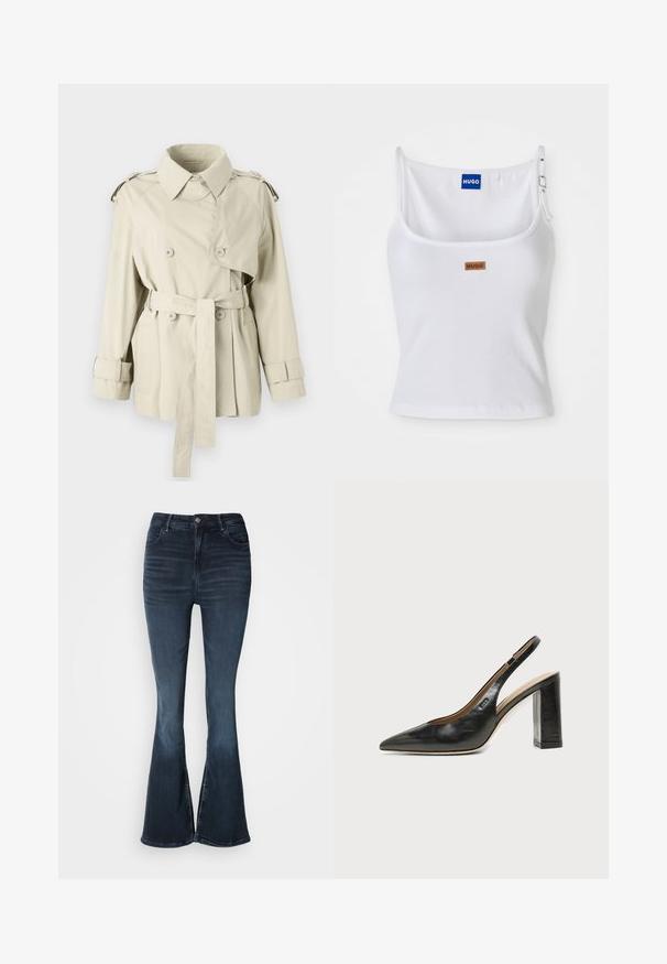 Beige trench coat med dobbeltbrystede knapper, bæltet talje og skulderepaulettes. Har en klassisk krave og manchetremme.; Hvid ribbet tanktop med justerbare stropper, der har et blåt logo-label og et lille brunt tag, fremstillet af blødt, strækbart materiale.; Mørkeblå denim flare jeans med høj talje, knaplukning, forlommer og subtilt falmede detaljer på lår og knæ.; Sort læder peep-toe slingback sko med høj blokhæl og beige indvendig foring mod en ensfarvet lys baggrund.