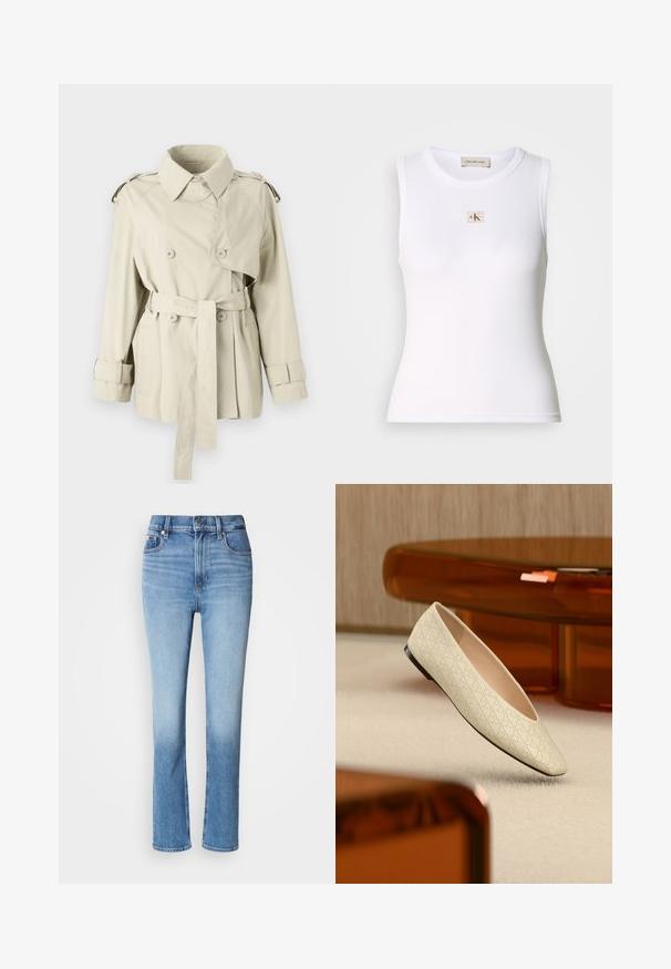 Beige trenchcoat met dubbele knopen, een ceintuur op de taille en schouderepauletten. Heeft een klassieke kraag en manchetbanden.; Wit geribd mouwloos tanktop met Calvin Klein Jeans-label op de borst en binnenhalslabel.; Blauwe denim jeans met hoge taille, rechtvallende pasvorm, vervaagde kleurverloop en vijf-pocketstijl. Metalen knoop en ritssluiting.; Beige platte schoen met geometrische perforaties, zwevend boven een licht tapijt in een kamer met amberkleurige meubels.