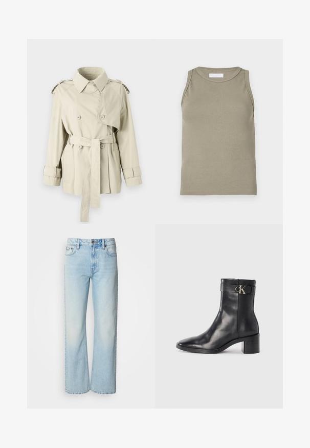 Beige trenchcoat met dubbele knopen, een ceintuur op de taille en schouderepauletten. Heeft een klassieke kraag en manchetbanden.; Geribbelde tanktop in olijfgroen, met een ronde halslijn en mouwloos ontwerp. Gemaakt van zacht, rekbaar materiaal met een aansluitend silhouet.; Lichtblauwe wijde jeans van denim, voorzien van een klassiek vijf-pocket ontwerp en een subtiele vervaagde textuur. Denimstiksels zijn zichtbaar.; Zwarte leren enkellaars met een spitse neus, blokhak en een bandje met een metallic logo. Gladde textuur en minimalistisch ontwerp.