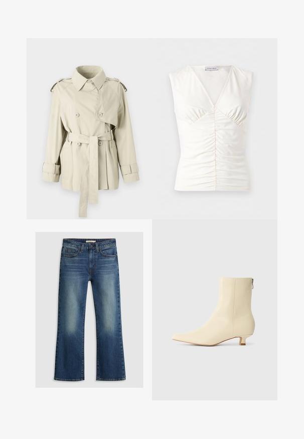 Beige trench coat med dobbeltbrystede knapper, bæltet talje og skulderepaulettes. Har en klassisk krave og manchetremme.; Hvid ærmeløs V-hals top med rynket front og let strækbart stof, mærket Anna Field.; Blå denim jeans med let flairben, frontknap og lynlåslukning samt falmede områder på lår og knæ.; Beige ankelstøvle i glat læder, spidst tåparti, kort blokhæl og en sidelukning med lynlås for nem påtagning.