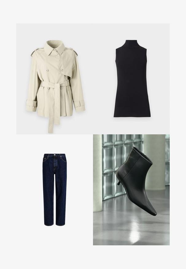 Beige trench coat med dobbeltbrystede knapper, bæltet talje og skulderepaulettes. Har en klassisk krave og manchetremme.; Sort ærmeløs turtleneck top, lavet af glat stof. Figurtilpasset design med høj hals og lige kant, minimalistisk og ensfarvet.; Mørkeblå denim jeans med lige ben-design, der har høj talje, fem-lomme-stil og kontrastsyninger. Ingen dekorationer.; Sort læderankelstøvle med spids tå og lav kitten-hæ, vist vinklet mod en poleret gulv- og glasblokvæg.