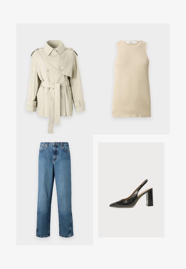 Trench beige con botones de doble fila, cintura ceñida y hombreras. Presenta un cuello clásico y correas en los puños.; Top sin mangas de canalé beige con cuello redondo, que presenta un ajuste ceñido y una textura suave, ideal para superponer o para climas cálidos.; Jeans de denim de color azul claro con corte recto, con bolsillos cosidos, cierre de botón en el frente y un desvanecimiento mínimo en la tela.; Zapato de mujer tipo slingback en piel negra con puntera puntiaguda y tacón grueso alto de bloque sobre fondo blanco.