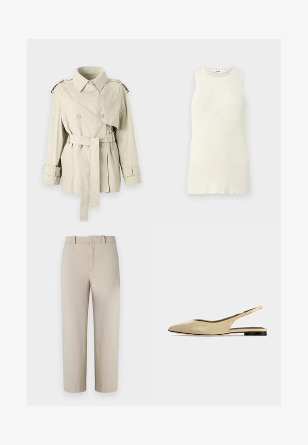 Trench beige con botones de doble fila, cintura ceñida y hombreras. Presenta un cuello clásico y correas en los puños.; Top sin mangas de color crema hecho de tela de canalé, con un escote redondo y un diseño ajustado. Sin patrones o acentos visibles.; Pantalones cortos beige, diseño entallado, con frente plano y cremallera oculta, dos bolsillos laterales, hechos de una suave tela de mezcla de algodón.; Zapato plano beige con puntera puntiaguda, diseño slingback, tacón bajo negro y acabado en cuero liso, mostrado de perfil sobre un fondo liso.