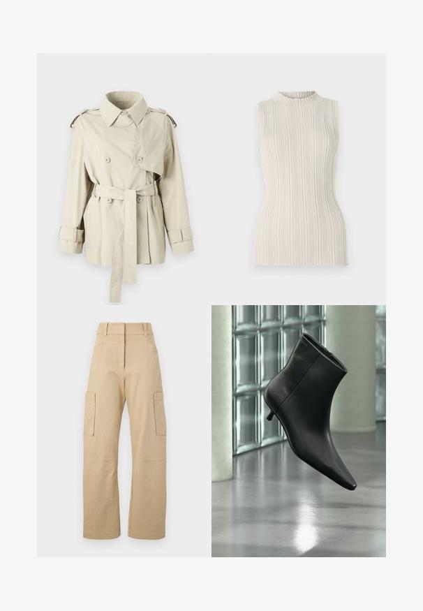 Beige Trenchcoat mit doppelreiherigen Knöpfen, tailliertem Gürtel und Schulterklappen. Verfügt über einen klassischen Kragen und Manschettenriemen.; Ärmelloses Oberteil in hellem Beige mit geripptem Stoff und einem hohen, gerafften Kragen. Die taillierte Silhouette betont die Form.; Beige Cargo-Shorts aus Baumwolle, mit hoher Taille, weitem Bein, zwei Seitentaschen und zwei großen Cargo-Taschen auf den Oberschenkeln.; Schwarzer Leder-Stiefelette mit spitzer Zehenpartie und niedrigem Kitten-Heel, schräg dargestellt vor einem polierten Boden und einer Glasbausteinwand.