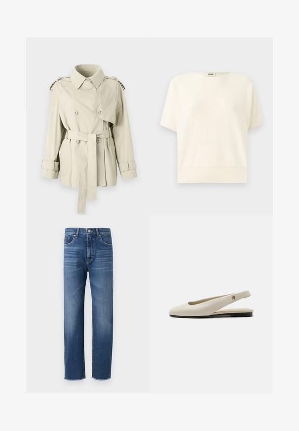 Trench beige con botones de doble fila, cintura ceñida y hombreras. Presenta un cuello clásico y correas en los puños.; Blusa corta de manga corta en crema con un corte relajado, dobladillo acanalado y escote redondeado; fabricada en una suave y ligera tela.; Jeans de mezclilla azul con un diseño de pierna recta, que presentan un acabado desgastado, estilo de cinco bolsillos y un dobladillo deshilachado.; Zapato plano slingback de cuero color crema con puntera redondeada y pequeño emblema dorado en la correa.
