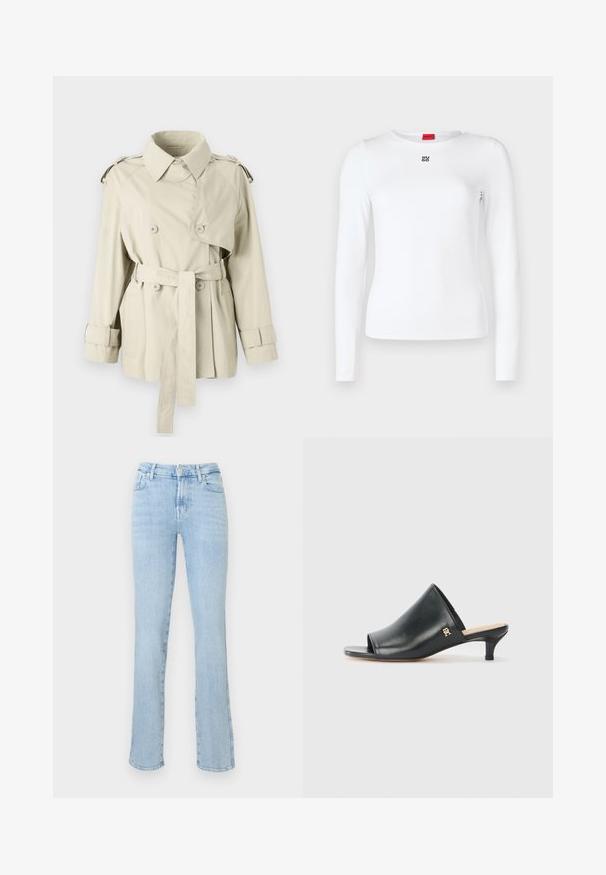 Beige trench coat med dobbeltbrystede knapper, bæltet talje og skulderepaulettes. Har en klassisk krave og manchetremme.; Hvid langærmet skjorte i en tætsiddende design med rund halsudskæring. Har et lille sort "Hugo" logo på brystet. Glat stoftekstur.; Lysblå højtaljede straight-leg jeans med frontknap og lynlås, fem lommer og subtilt falmet detaljer.; Sorte læder open-toe mules med en lav hæl. Har en glat overflade og et guld logo-prim på siden.