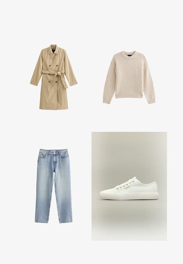 Beige trenchcoat van lichtgewicht stof, met een dubbele rij knopen, een ceintuur in de taille, twee zijzakken en een gevoerde kraag.; Beige gebreide trui met een ronde halslijn, lange mouwen en geribbelde zoom. Gelaagd stof met een zachte uitstraling. Eenvoudig en veelzijdig ontwerp.; Lichtblauwe denim jeans met een recht model, hoge taille en subtiele vervaging. Voorzien van een knoopsluiting en standaard vijf zakken.; Witte lage canvas sneaker met een getextureerde rubberen zool, witte veters en een klein Calvin Klein-label aan de zijkant.