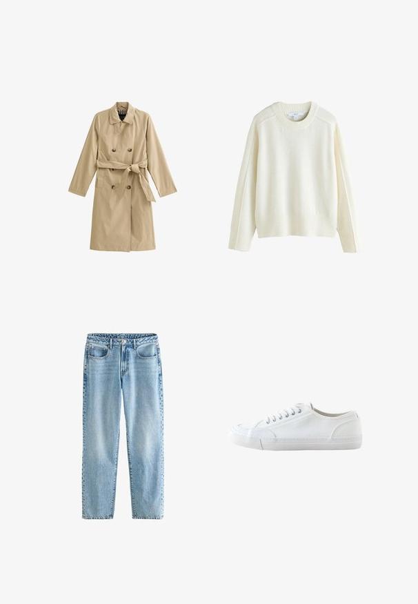 Beige trenchcoat van lichtgewicht stof, met een dubbele rij knopen, een ceintuur in de taille, twee zijzakken en een gevoerde kraag.; Next CREW NECK - Trui - ecru; Lichtblauwe high-waisted jeans met een ontspannen pasvorm. Heeft een knoopsluiting, metalen rivets, vijf zakken en een vervaagde denimtextuur.; Witte lage canvas sneaker met witte veters en rubberen zool, gezien van opzij op een witte achtergrond.