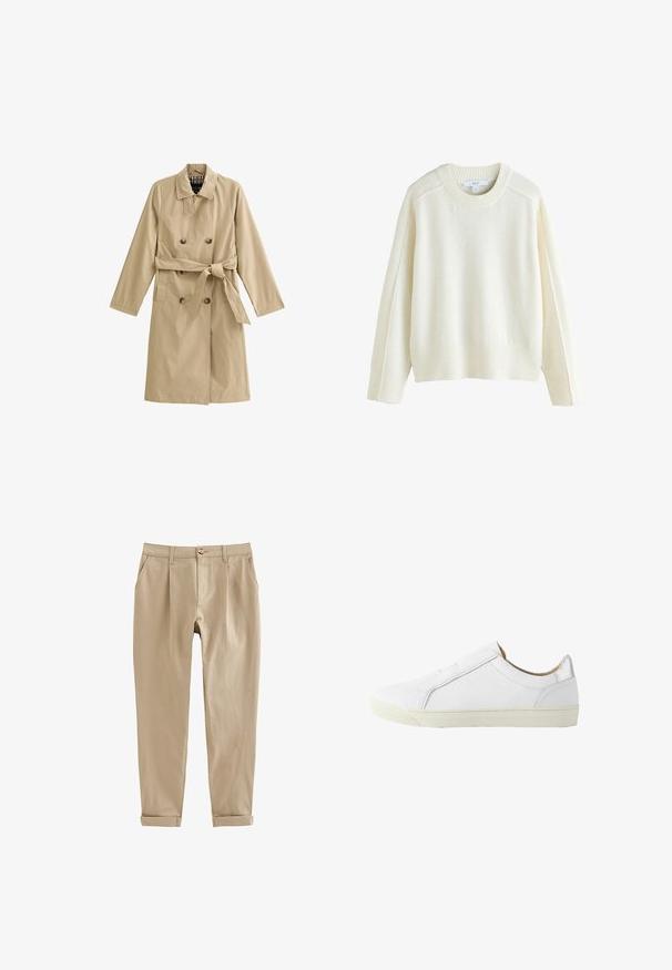 Beige trenchcoat van lichtgewicht stof, met een dubbele rij knopen, een ceintuur in de taille, twee zijzakken en een gevoerde kraag.; Next CREW NECK - Trui - ecru; Beige rechte broek met riemlussen, zijzakken, knoopsluiting, ritssluiting en omgeslagen zoom.; Witte lage leren sneaker met rits aan de zijkant, beige voering en off-white rubberen zool, gezien vanaf de buitenkant.