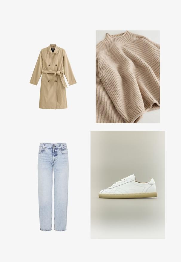 Beige trenchcoat van lichtgewicht stof, met een dubbele rij knopen, een ceintuur in de taille, twee zijzakken en een gevoerde kraag.; Gebreide trui in lichtbeige met een geribbelde textuur, met een hoge kraag en een brede, ontspannen silhouet. Accentueert met textuursteek.; Lichtblauwe, hoge taille jeans van denim; recht gesneden met voorzakken, een knoopsluiting en minimale vervaging.; Witte lage leren sneaker met beige zool, vetersluiting en subtiele gestikte patronen op een neutrale achtergrond.